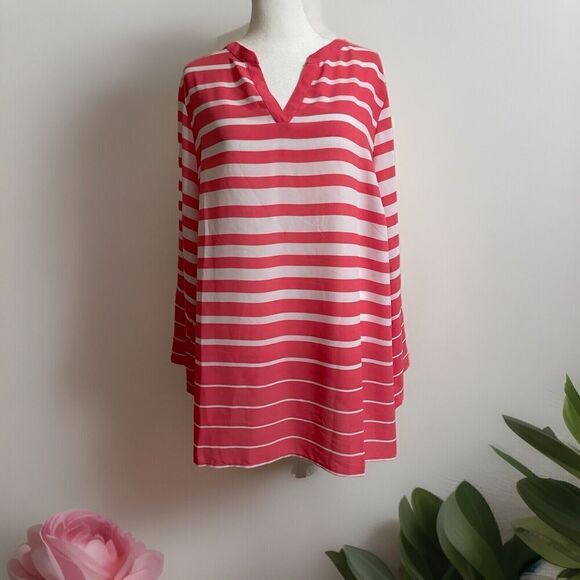 Plus 20 W Carer Casual Lightweight Coastal Striped V Neck Roll Tab Sleeve Tunic - Picture 1 of 13